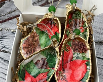 Juego de 4 adornos navideños de concha de ostra de Pascua con detalles dorados y epoxi, cuentas de vidrio, decoración costera, regalo de Navidad, regalo para ella