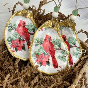 Red Cardinal Oyster Shell Christmas Ornament: Gold Glitter Coastal Decor