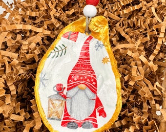 Red Christmas Gnome Oyster Shell Ornament with Gold accents, Coastal Decor, Beach Ornament, Christmas Gift, Decoupage Oyster