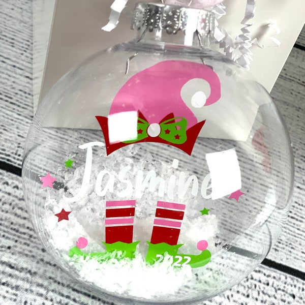 Personalized Pink Elf Floating Ornament with Faux Snow, Plastic, 4”