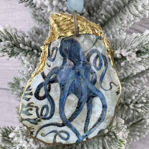 Octopus Oyster Shell Ornament with gold Accents and glass bead finished an Epoxy Finish, Christmas gift, Christmas decor, scuba diver gift