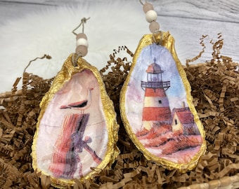 Light House and Seagull Oyster Shell Ornaments, Set of 2, with Gold Accents and Glossy Epoxy Finish, Christmas Gift. Ready to ship!
