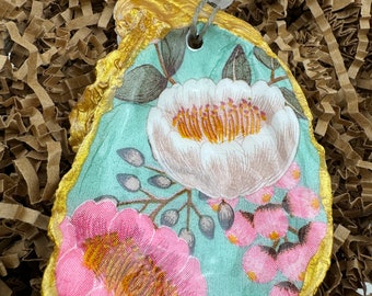 Pink and Teal Flower Theme Oyster Shell Ornaments with Gold Accents and Glossy Epoxy Finish, Valentines Day Gift