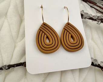 Dark Beige Textured Tear drop Polymer Clay earrings with plated Gold Hoop, Boho Clay Earrings, casual light weight earrings