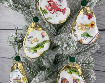 Adornos de concha de ostra de Nueva Orleans: detalles dorados y cuentas de vidrio (juego de 5)