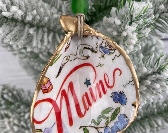 Adorno de concha de ostra de Maine: decoración costera en decoupage con detalles dorados