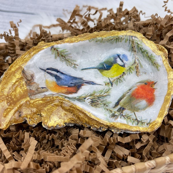 Birds Oyster Shell Ring Dish, Epoxied Dish,  Coastal Decor, Shell Trinket Dish, Oyster Shell Art, Bird Lover Gift, Christmas Gift