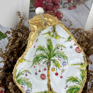 Christmas Palm Tree Oyster Shell Ornaments with Gold Accents and Semi Gloss Finish, Christmas Gift, Coastal Christmas