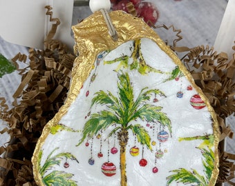 Christmas Palm Tree Oyster Shell Ornaments with Gold Accents and Semi Gloss Finish, Christmas Gift, Coastal Christmas