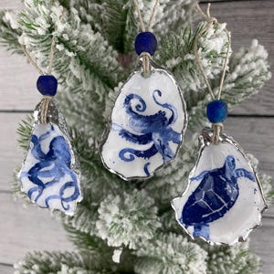 Set of 3 Octopus Oyster Shell Ornaments with Silver Accents, glass beads finished with a smooth Glossy Epoxy Finish, Christmas gift