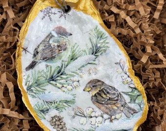 Winter Sparrows with Glittered Snow Oyster Shell Ornaments with Gold Accents and Glossy Finish, Christmas Gift