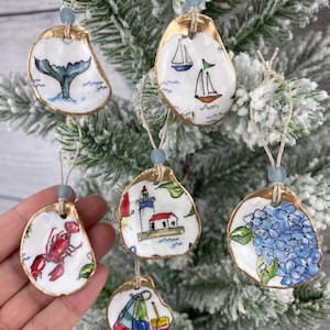 Set of 6 Mini Cape Cod themed Oyster Shell Ornaments with gold accents and glass bead,  Coastal Decor, Christmas Gift, Decoupage Oyster