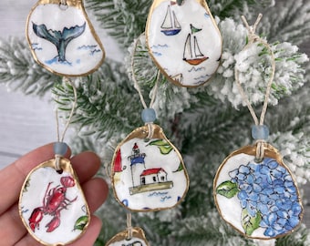 Juego de 6 mini adornos de concha de ostra con temática de Cape Cod con detalles dorados y cuentas de vidrio, decoración costera, regalo de Navidad, decoupage de ostras