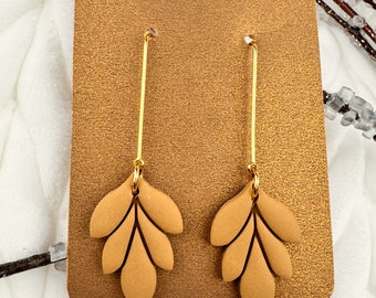 Dark Beige Pedal Polymer Clay earrings with plated Gold Accent Bar, Dangle Clay Earrings