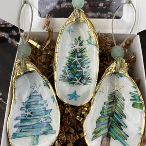 Set of three Beach Christmas Tree Oyster Shell Ornaments with  Gold accents and and Glossy Epoxy finish, coastal decor, Christmas gift