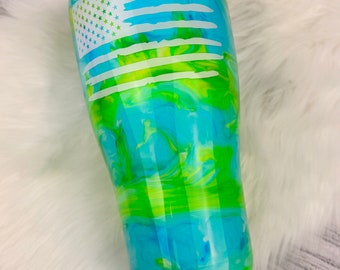 Neon Green and Blue Alcohol ink Swirl Epoxy Tumbler with distressed American Flag, 30 oz. , Father’s Day gift