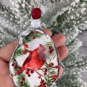 Red Christmas Cardinal Oyster Shell Ornament with Glitter and silver accent, Coastal Decor, Beach Ornament, Christmas Gift, Decoupage Oyster