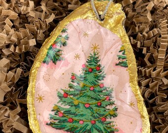 Pink Christmas Tree Holiday Theme Oyster Shell Ornaments with Gold Accents and Glossy Epoxy Finish, Christmas Gift, Ready to ship!