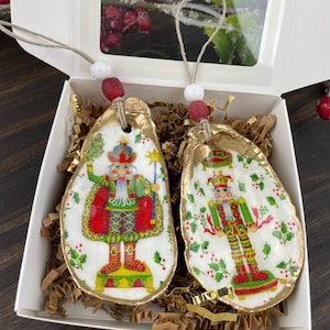 Set of 2 Toy Soldier Oyster Shell Ornaments with Gold accents and glass bead,  Coastal Decor, Christmas Gift, Decoupage Oyster Shell