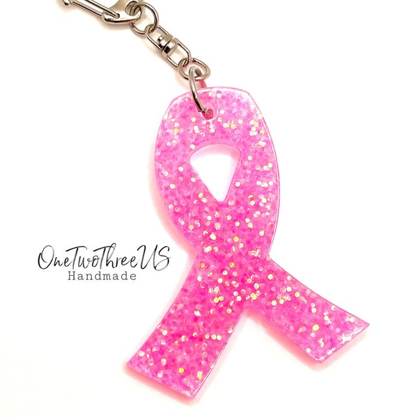 Pink Ribbon Breast Cancer Awareness Resin Keychain, Ready to Ship!