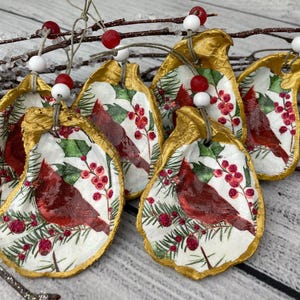 Red Christmas Cardinal Oyster Shell Ornament with Glitter and Gold accents, Coastal Decor, Beach Ornament, Christmas Gift, Decoupage Oyster
