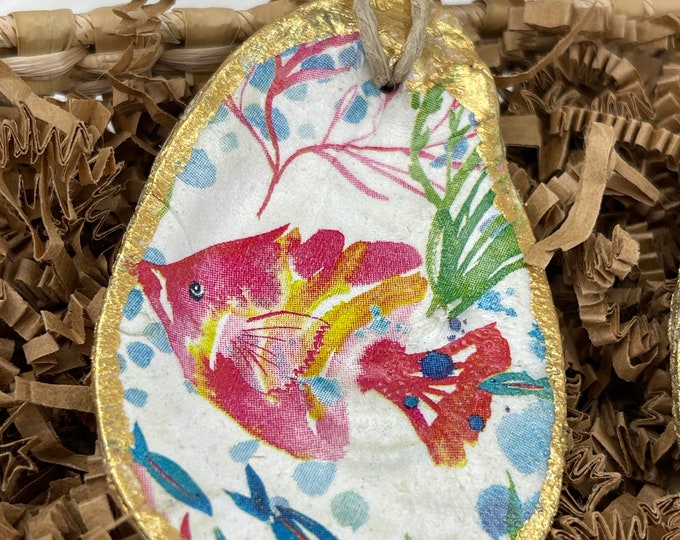 Set of 3 Tropical Fish Oyster Shell Ornament with Gold accents and glass bead,  Coastal Decor, Christmas Gift, Decoupage Oyster Shell
