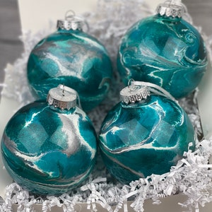 Teal and Silver Swirl Epoxy Christmas Ornament, Set of Four, Christmas Tree Decor, Christmas Gift