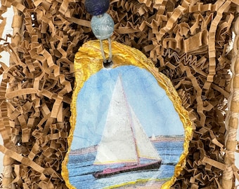 Sailboat Oyster Shell Ornament with  Gold accents and a Glossy Epoxy Finish, Coastal Decor, Beach Ornament, Father’s Day Gift