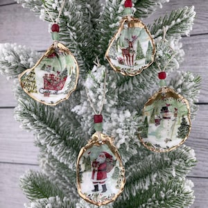 Classic Christmas Oyster Shell  Ornaments: Gold Accent Coastal Decor, Set of 4