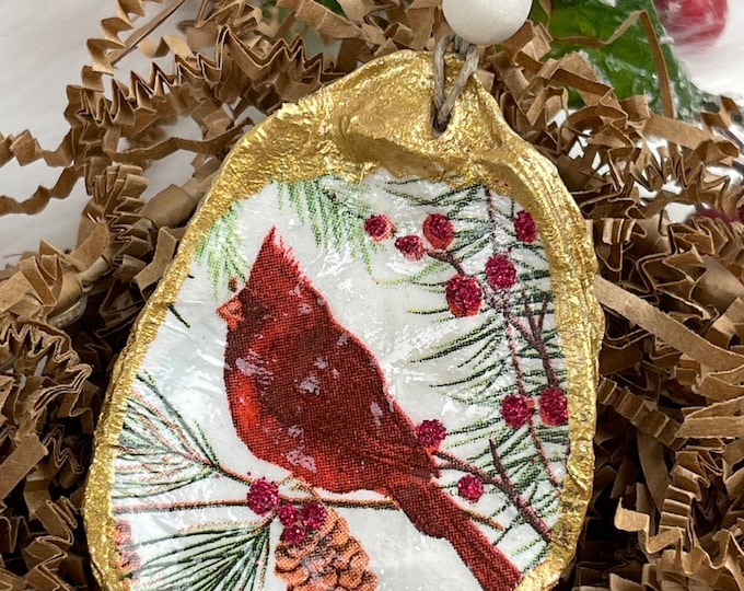 Red Christmas Cardinal Oyster Shell Ornament with Glitter and Gold accents, Coastal Decor, Beach Ornament, Christmas Gift, Decoupage Oyster