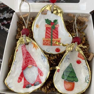 Set of 3 Christmas Gnome Oyster Shell Ornaments with gold accents and epoxy, gold,  glass bead,  holiday Decor, Christmas Gift
