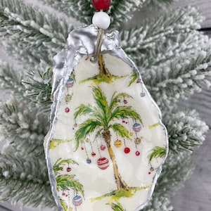 Christmas Palm Tree Oyster Shell Ornaments with silver Accents and glossy epoxy Finish, Christmas Gift, Coastal Christmas