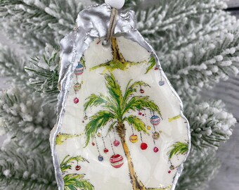 Adornos navideños de concha de ostra con forma de palmera con detalles plateados y acabado epoxi brillante, regalo de Navidad, Navidad costera