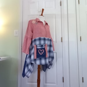 Upcycled clothing,women&#39;s clothing,red,blue,pocket,Sherry Jones Designs,quality workmanship,earth friendly,3/4 sleeve, lagenlook,patches