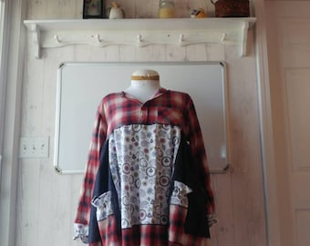 Upcycled clothing,flannel,lightweight denim,long sleeved,upcycled tunic,hedgehogs,plus sized clothing,fun,comfy,high quality,handmade,#1099