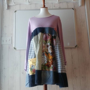 Upcycled clothing,women's clothing,lilac,floral,plaid,long sleeved tunic,M-L,upcycled dress,repurposed clothing,remade,refashioned,boho#1112