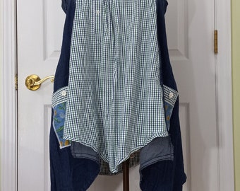 Upcycled clothing,women's clothing,tank top,dandelions,plus size,pockets,blue,green,pinafore,blouse,upcycled tunic,remade,refashioned,#1264