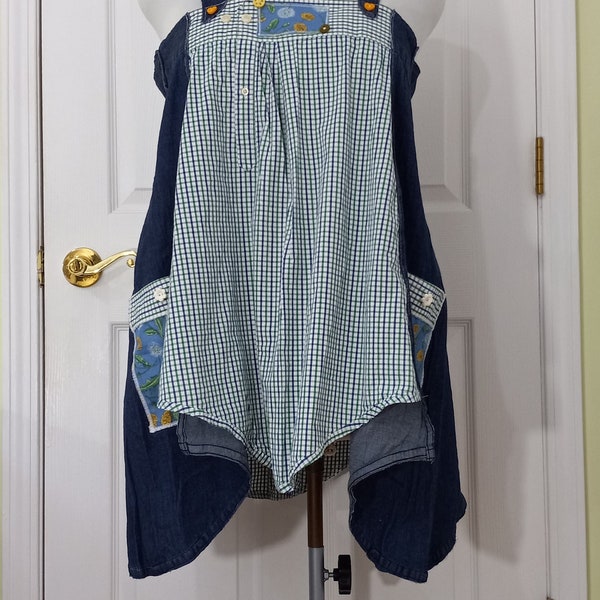 Upcycled clothing,women's clothing,tank top,dandelions,plus size,pockets,blue,green,pinafore,blouse,upcycled tunic,remade,refashioned,#1264