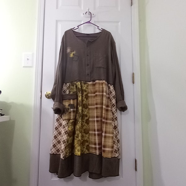 Upcycled clothing,flannel dress,warm,soft,cotton,sunflowers,yellow,brown,pocket,quality workmanship,plus sized clothing,Sherry Jones Designs