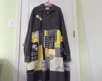 Upcycled dress,plus sized clothing,patchwork dress,Sherry Jones Designs,pockets,yellow,gray,upcycled clothing,eco friendly,made in the USA