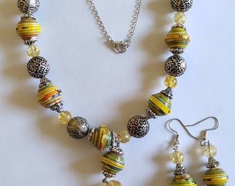 Paper Bead Necklace and Earrings Set, Paper Beads Necklace, paper bead earrings, Paper Bead Jewelry, Jewelry