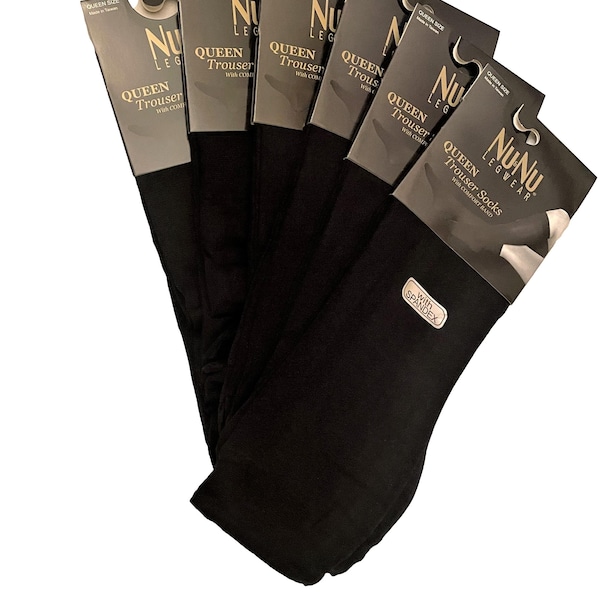 Nu Nu Queen Trouser Socks 6 pair BLACK Knee High Opaque Stretchy with comfort Band 10-13