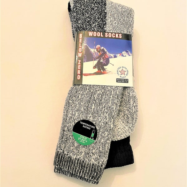 2 pair Men's 10-13 Below Zero Merino Wool Socks Men's Cushioned Crew Boot Thermal Socks 2 Tone