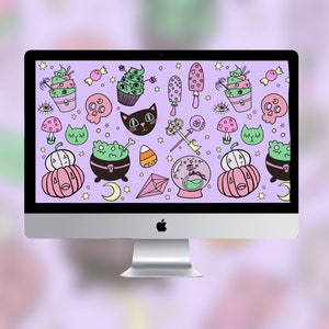 May include: A computer screen displaying a purple background with various Halloween-themed illustrations, including pumpkins, cats, cauldrons, candy corn, and stars.