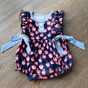 Baby Girl Navy Gingham Apple Print Ruffle Bubble Outfit