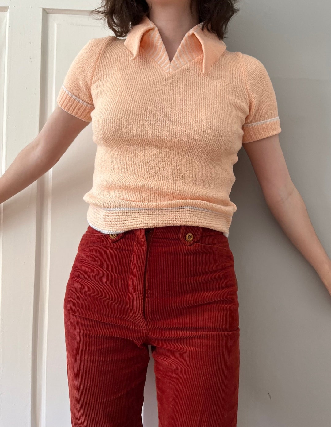 1970s lucky Fashion Knitwear Top / Peachy Orange Creamsicle Beach Shirt
