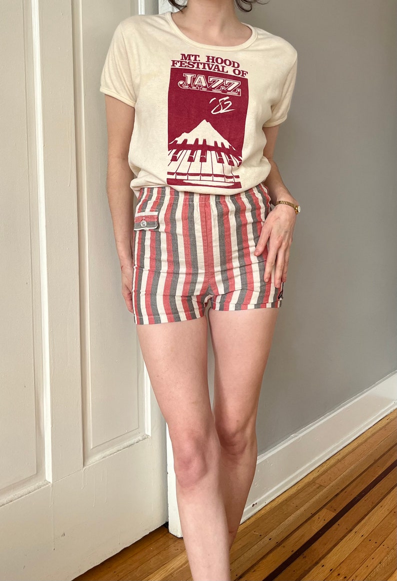 60's/70's Red and White Candy Striped Belted Swim Shorts by Jimmy Jeans