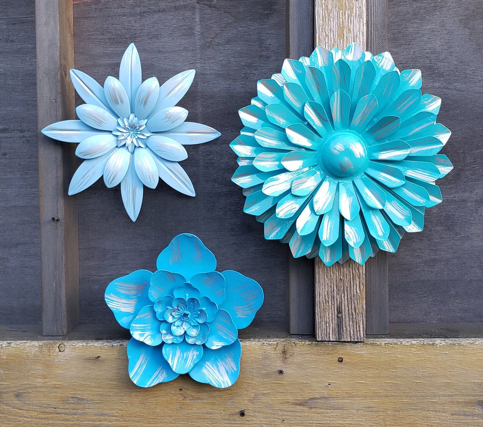 3 Metal Wall Flowers Garden Wall Art Fence Flower Outdoor Blue Etsy