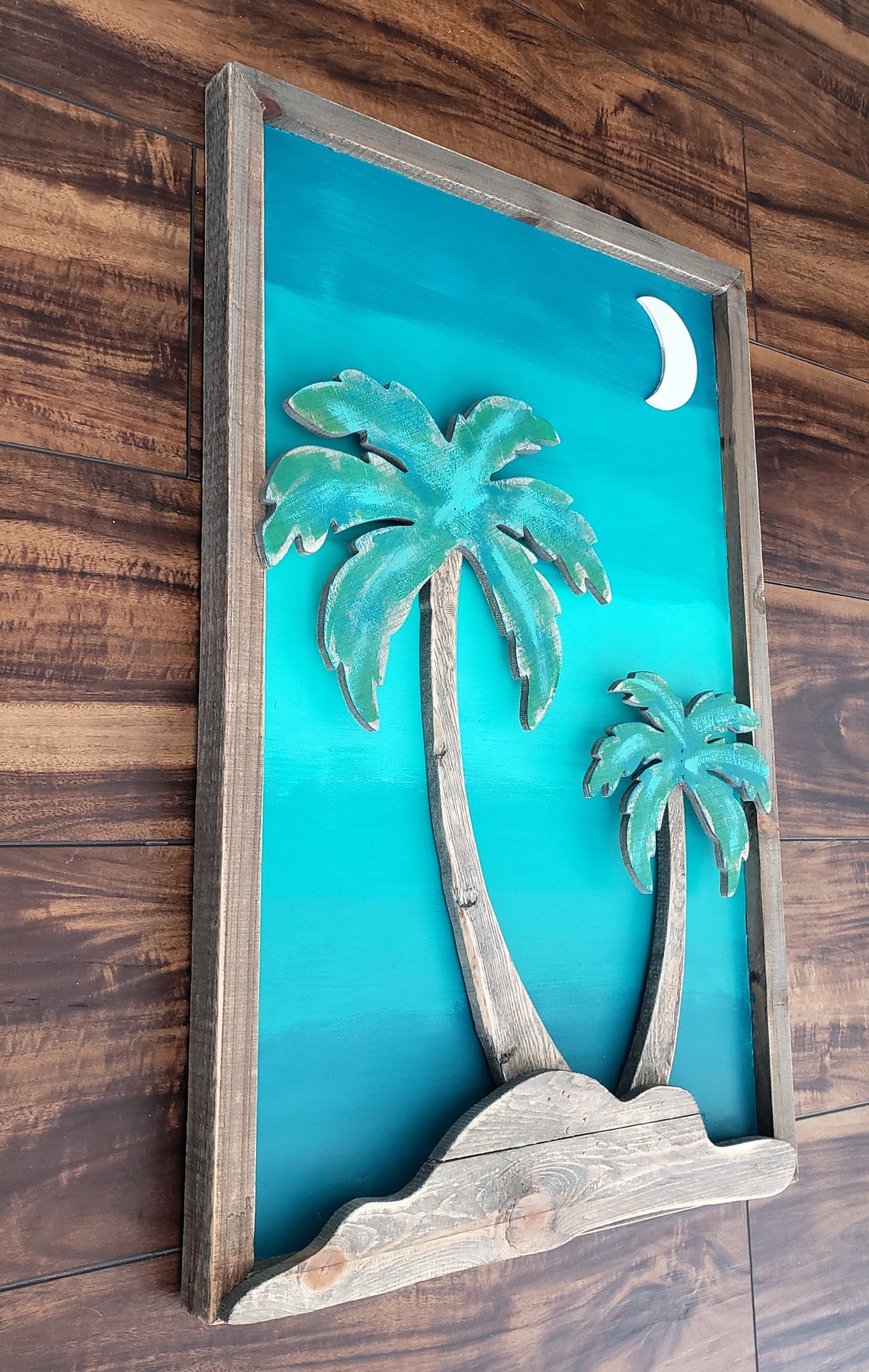 Wood Palm Tree Moon Wall Decor Palm Leaf Wall Art Sunset Etsy