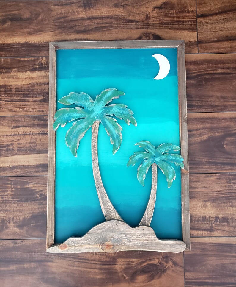 Wood Palm Tree Moon Wall Decor Palm Leaf Wall Art Sunset Etsy